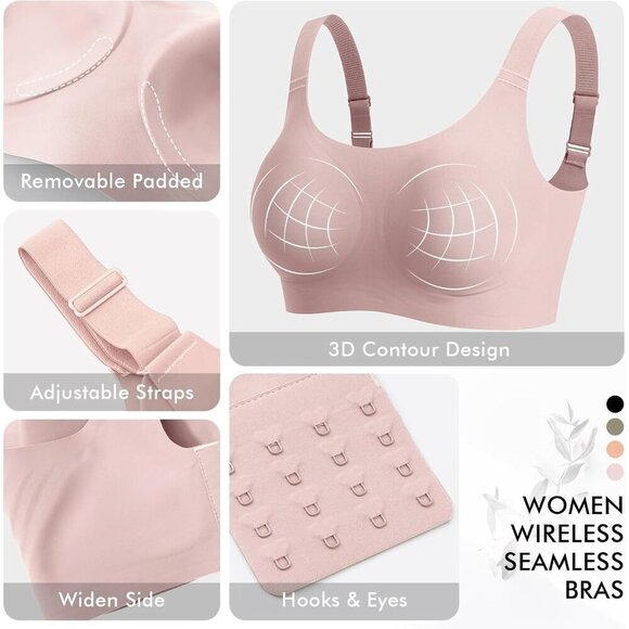 🆕Women Pink Nylon Wireless Full Coverage Seamless Padded   T-Shirt Bra - Picture 3 of 6